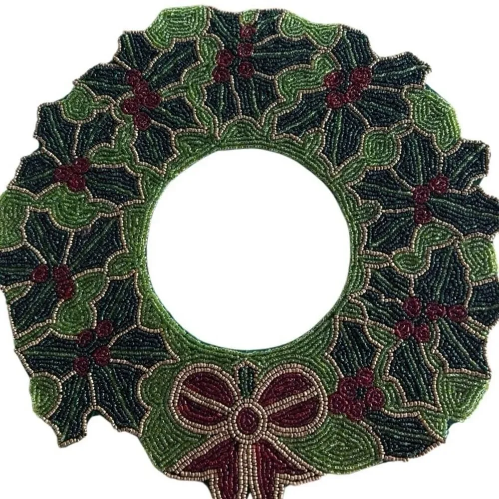Pier 1 Imports Beaded Placemat Center Piece Green Christmas Wreath Theme